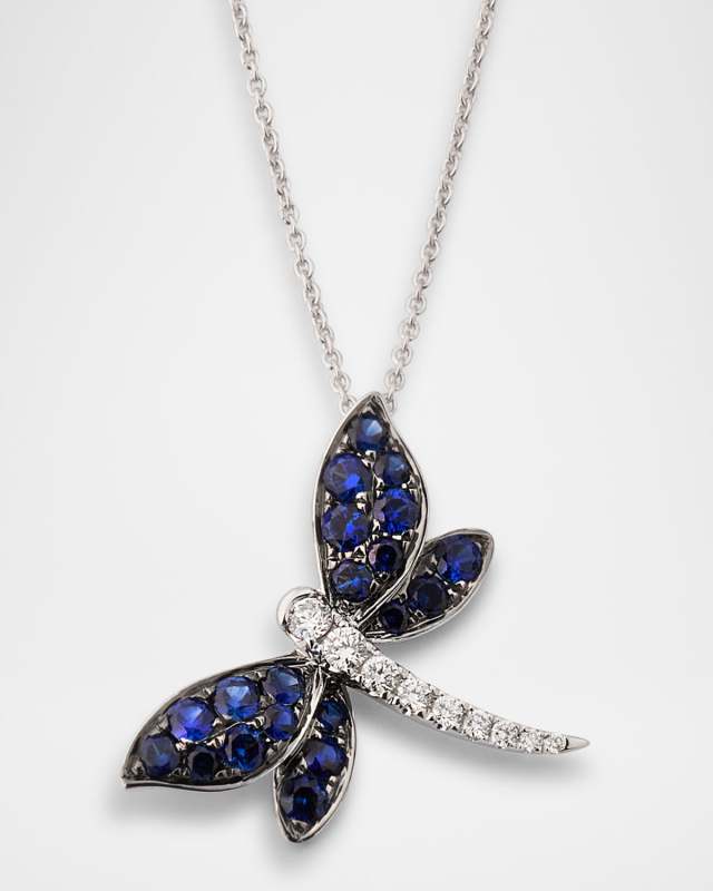 18K White Gold Dragonfly Blue Sapphire and White Diamond Pendant Necklace